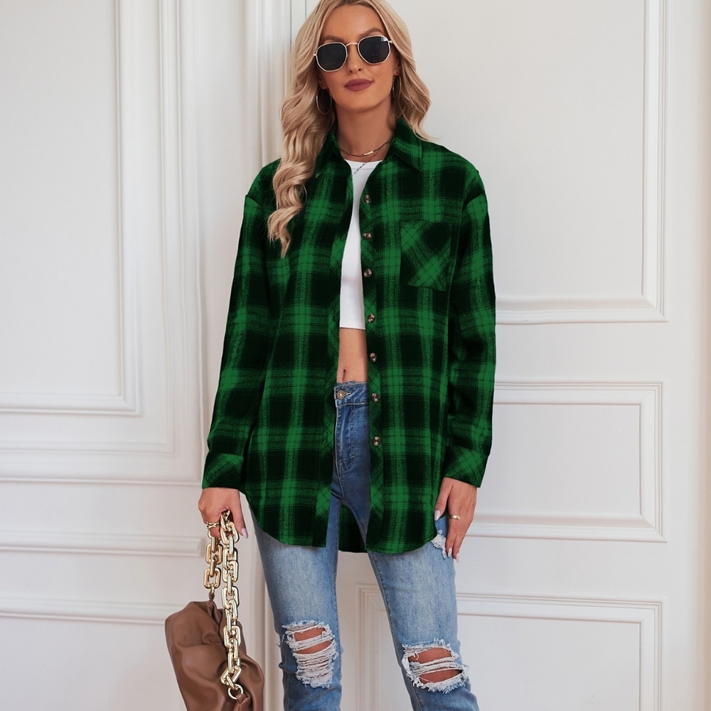 BACK IN STOCK! 🔥Green Plaid Curved Hem Longline Shirt